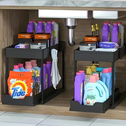 2-Tier Under Sink Organizer Sliding Storage Basket with Hooks for Kitchen Bathroom Cabinet - Smoothy Home