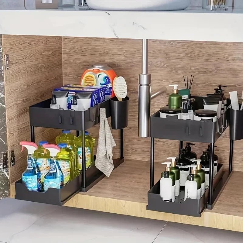 2-Tier Under Sink Organizer Sliding Storage Basket with Hooks for Kitchen Bathroom Cabinet - Smoothy Home