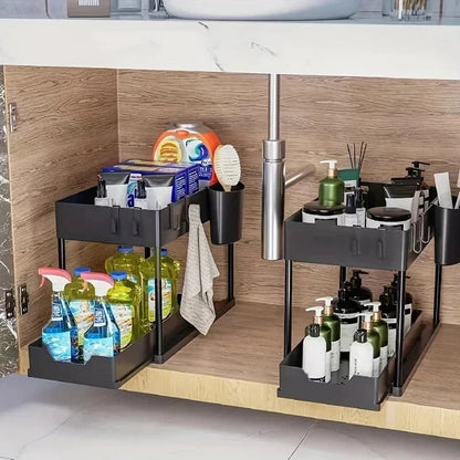 2-Tier Under Sink Organizer Sliding Storage Basket with Hooks for Kitchen Bathroom Cabinet - Smoothy Home
