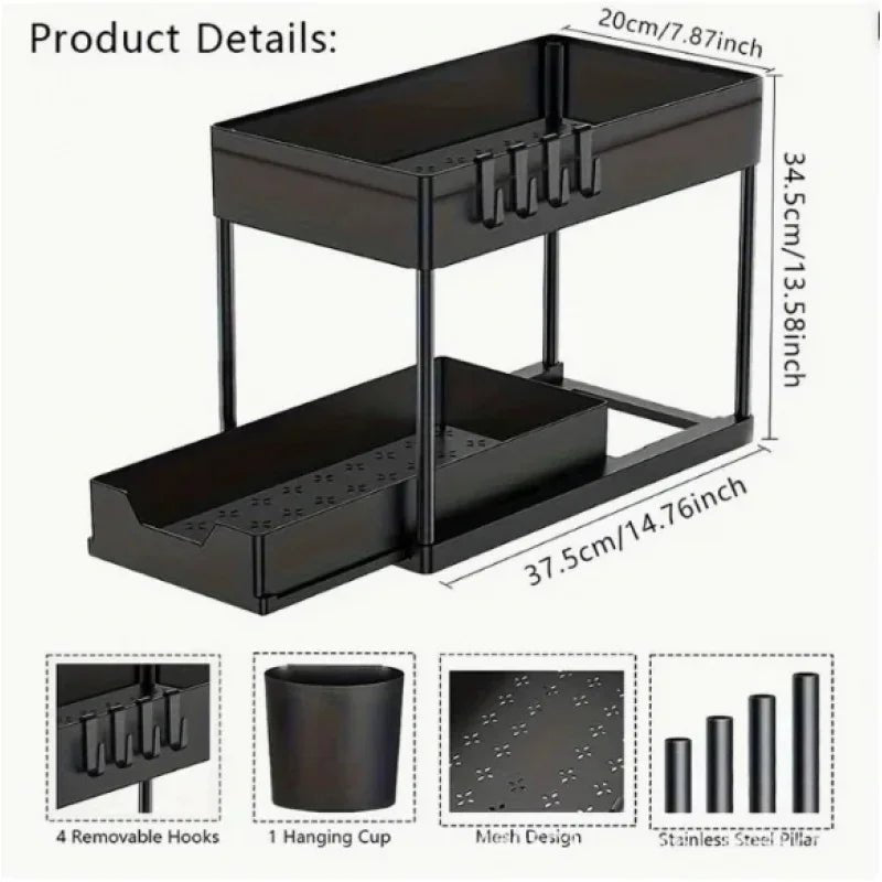 2-Tier Under Sink Organizer Sliding Storage Basket with Hooks for Kitchen Bathroom Cabinet - Smoothy Home