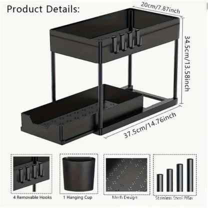 2-Tier Under Sink Organizer Sliding Storage Basket with Hooks for Kitchen Bathroom Cabinet - Smoothy Home