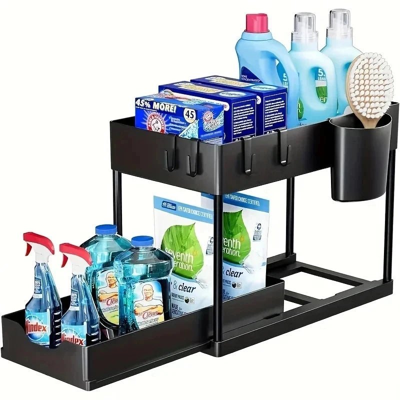 2-Tier Under Sink Organizer Sliding Storage Basket with Hooks for Kitchen Bathroom Cabinet - Smoothy Home