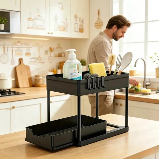 2-Tier Under Sink Organizer Sliding Storage Basket with Hooks for Kitchen Bathroom Cabinet - Smoothy Home