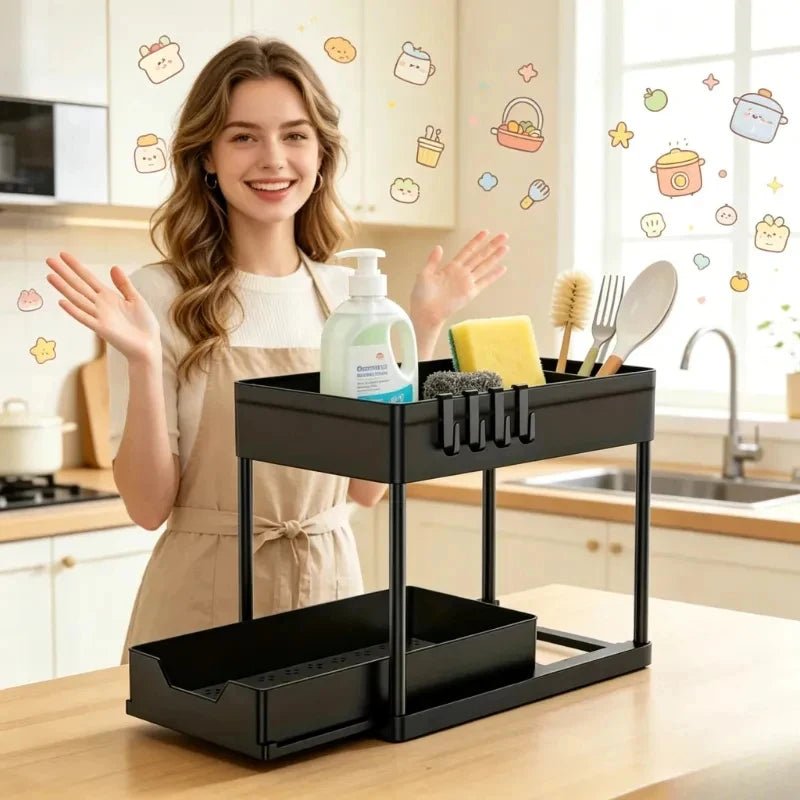 2-Tier Under Sink Organizer Sliding Storage Basket with Hooks for Kitchen Bathroom Cabinet - Smoothy Home