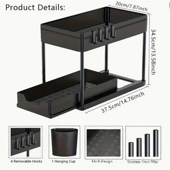 2-Tier Under Sink Organizer Sliding Storage Basket with Hooks for Kitchen Bathroom Cabinet - Smoothy Home