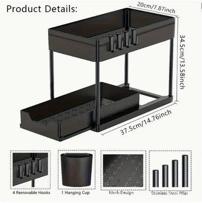 2-Tier Under Sink Organizer Sliding Storage Basket with Hooks for Kitchen Bathroom Cabinet - Smoothy Home