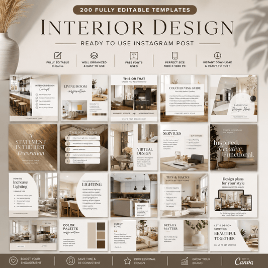200 Interior Design Instagram Post Templates | Canva Editable Bundle | Modern Home Decor Content for Designers - Smoothy Home