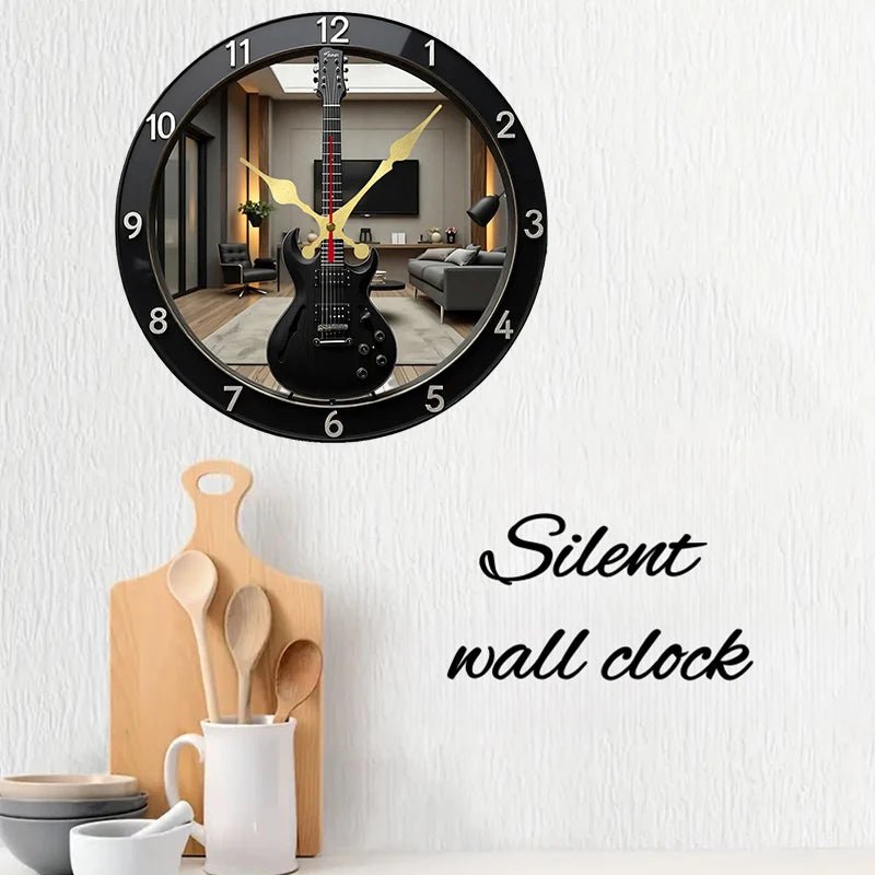 2D Flat Electric Guitar-Shaped Wooden Round Silent Hanging Wall Clock, For Living Room,Office,Study Room,Bedroom,Home Decoration - Smoothy Home
