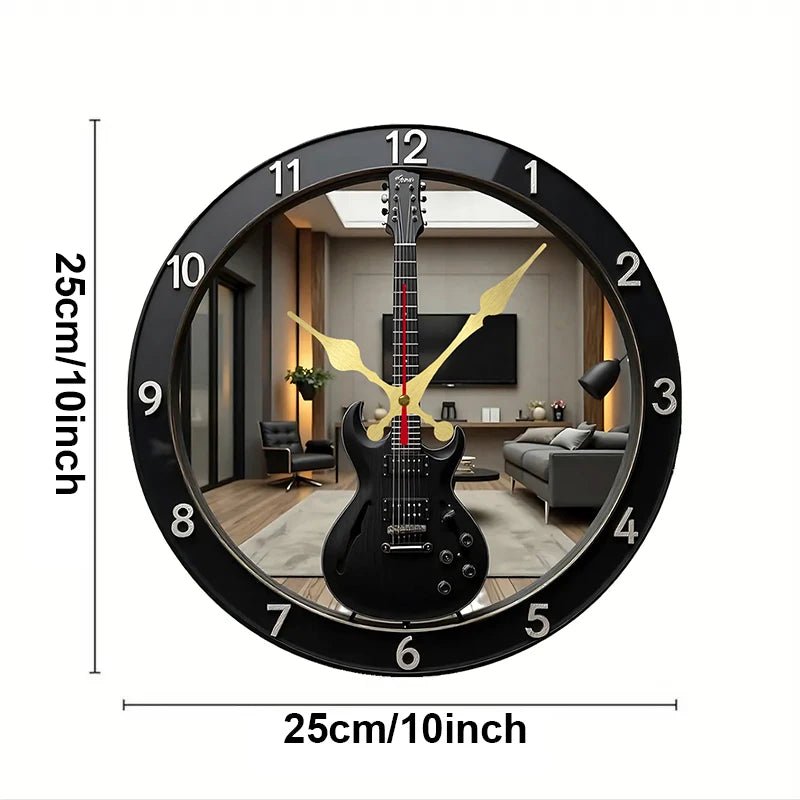 2D Flat Electric Guitar-Shaped Wooden Round Silent Hanging Wall Clock, For Living Room,Office,Study Room,Bedroom,Home Decoration - Smoothy Home