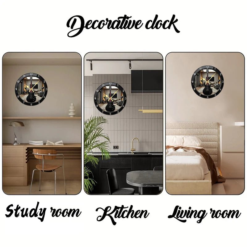 2D Flat Electric Guitar-Shaped Wooden Round Silent Hanging Wall Clock, For Living Room,Office,Study Room,Bedroom,Home Decoration - Smoothy Home