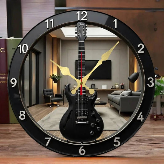2D Flat Electric Guitar-Shaped Wooden Round Silent Hanging Wall Clock, For Living Room,Office,Study Room,Bedroom,Home Decoration - Smoothy Home