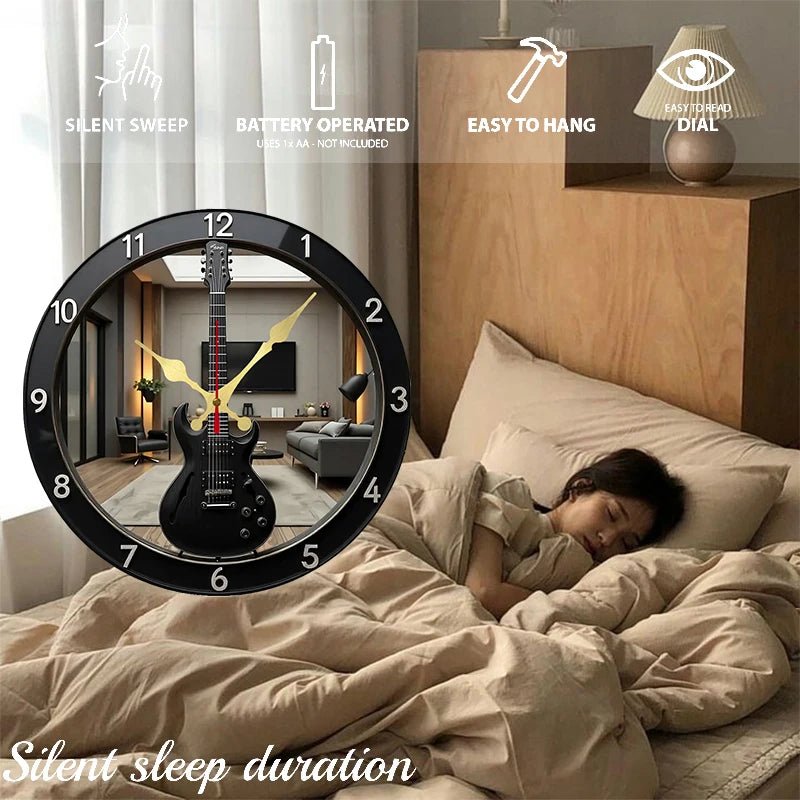 2D Flat Electric Guitar-Shaped Wooden Round Silent Hanging Wall Clock, For Living Room,Office,Study Room,Bedroom,Home Decoration - Smoothy Home