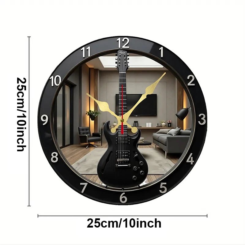 2D Flat Electric Guitar-Shaped Wooden Round Silent Hanging Wall Clock, For Living Room,Office,Study Room,Bedroom,Home Decoration - Smoothy Home