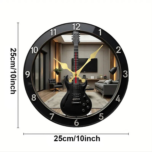 2D Flat Electric Guitar-Shaped Wooden Round Silent Hanging Wall Clock, For Living Room,Office,Study Room,Bedroom,Home Decoration - Smoothy Home