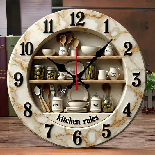 2D Flat Kitchen Rules Design Wooden Round Silent Hanging Wall Clock,For Living Room,Office,Study Room,Bedroom, Home Decoration - Smoothy Home