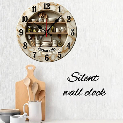 2D Flat Kitchen Rules Design Wooden Round Silent Hanging Wall Clock,For Living Room,Office,Study Room,Bedroom, Home Decoration - Smoothy Home