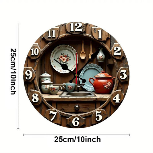 2D Flat Vintage Kitchen Design Wooden Round Silent Hanging Wall Clock,For Living Room,Office,Study Room,Bedroom,Home Decoration - Smoothy Home