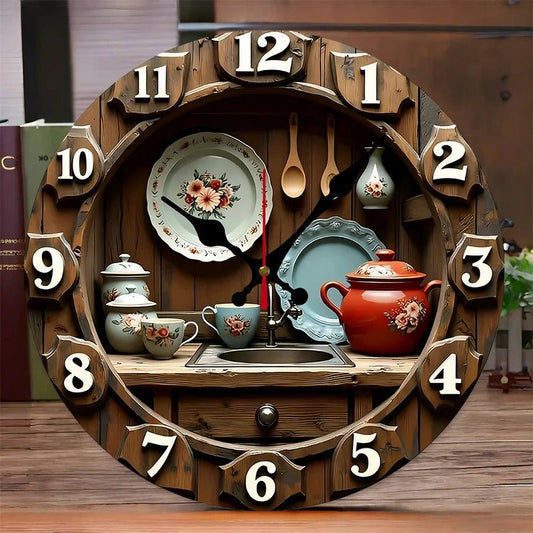 2D Flat Vintage Kitchen Design Wooden Round Silent Hanging Wall Clock,For Living Room,Office,Study Room,Bedroom,Home Decoration - Smoothy Home