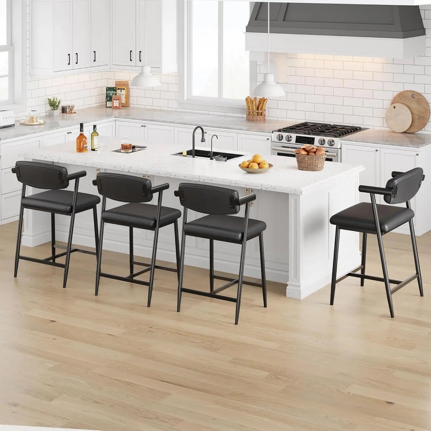 2PCS Modern Bar Stools Set with Back & Upholstered Wider Seat, Metal Bar Stools with Footrest for Kitchen Island Easy Assembly - Smoothy Home