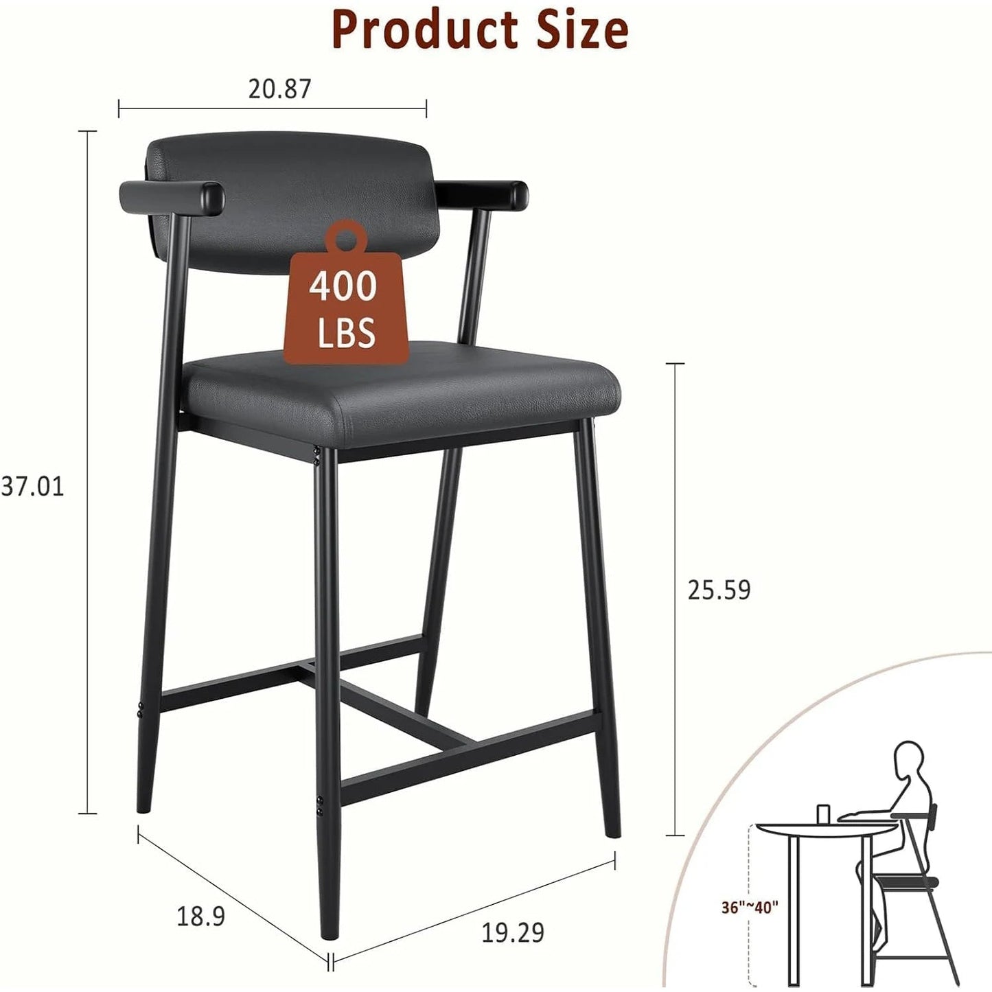 2PCS Modern Bar Stools Set with Back & Upholstered Wider Seat, Metal Bar Stools with Footrest for Kitchen Island Easy Assembly - Smoothy Home
