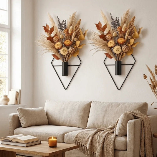 2PCS Modern Iron Rhombus Hanging Flower Vase Decorative Minimalist Wall Hanging Vase Black Metal Wall Vase Porch Decoration - Smoothy Home