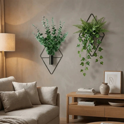 2PCS Modern Iron Rhombus Hanging Flower Vase Decorative Minimalist Wall Hanging Vase Black Metal Wall Vase Porch Decoration - Smoothy Home