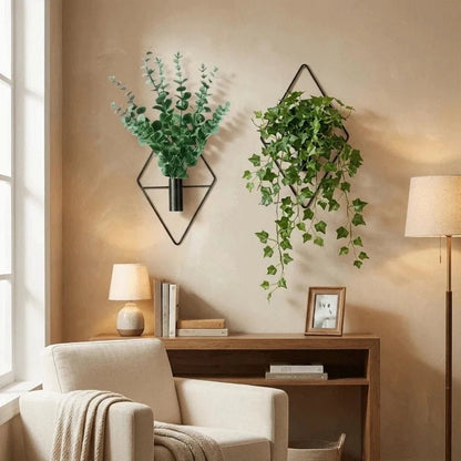 2PCS Modern Iron Rhombus Hanging Flower Vase Decorative Minimalist Wall Hanging Vase Black Metal Wall Vase Porch Decoration - Smoothy Home