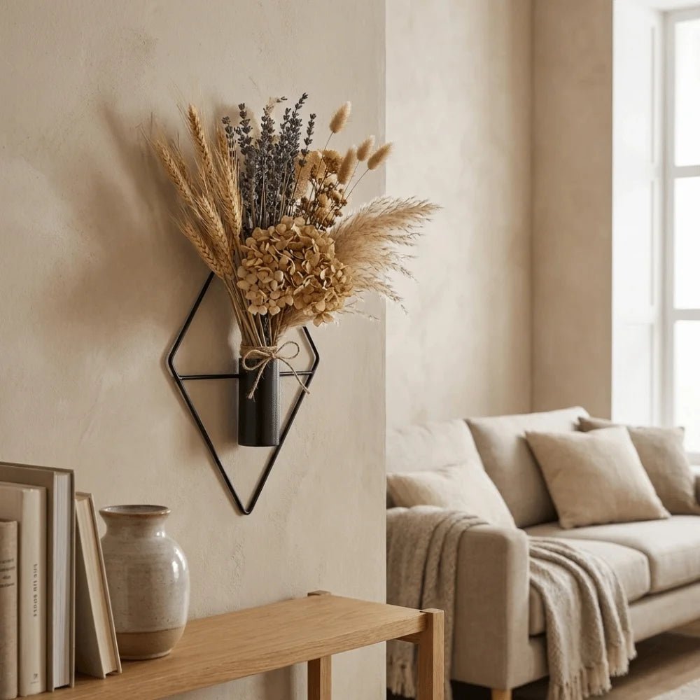 2PCS Modern Iron Rhombus Hanging Flower Vase Decorative Minimalist Wall Hanging Vase Black Metal Wall Vase Porch Decoration - Smoothy Home