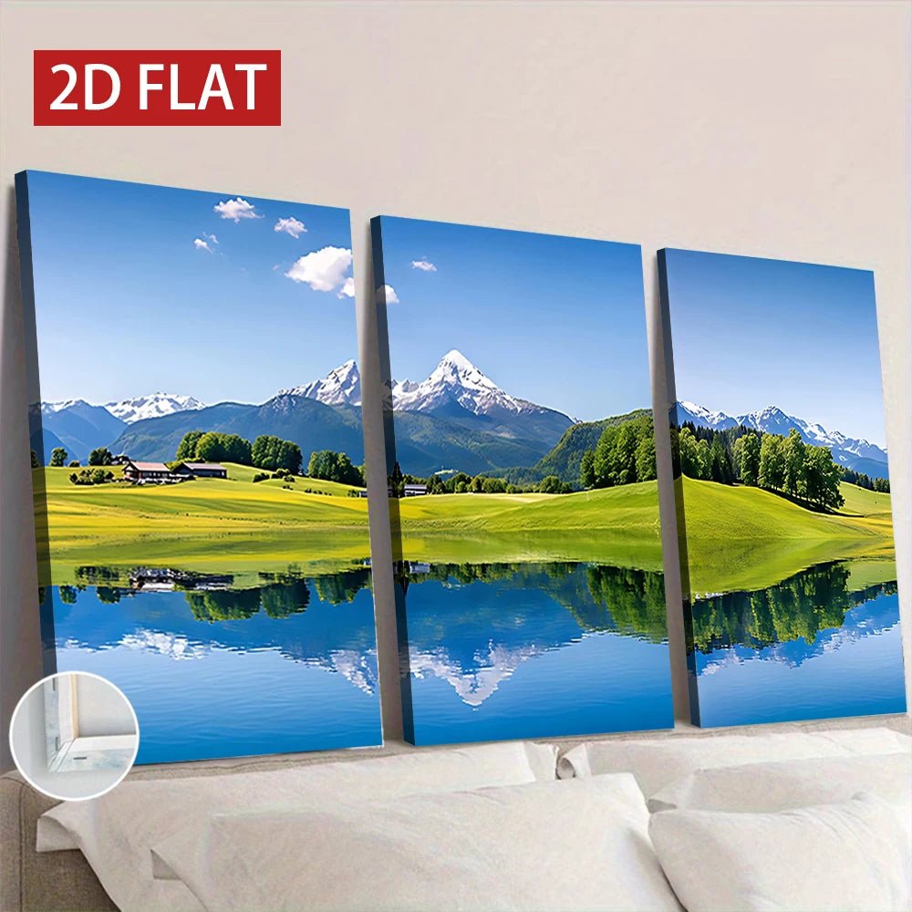 3 Counts Wooden Framed Canvas Painting, Alpine Lake Mountain Landscape Print, Wall Art, Ideal for Living Room Office Decor - Smoothy Home