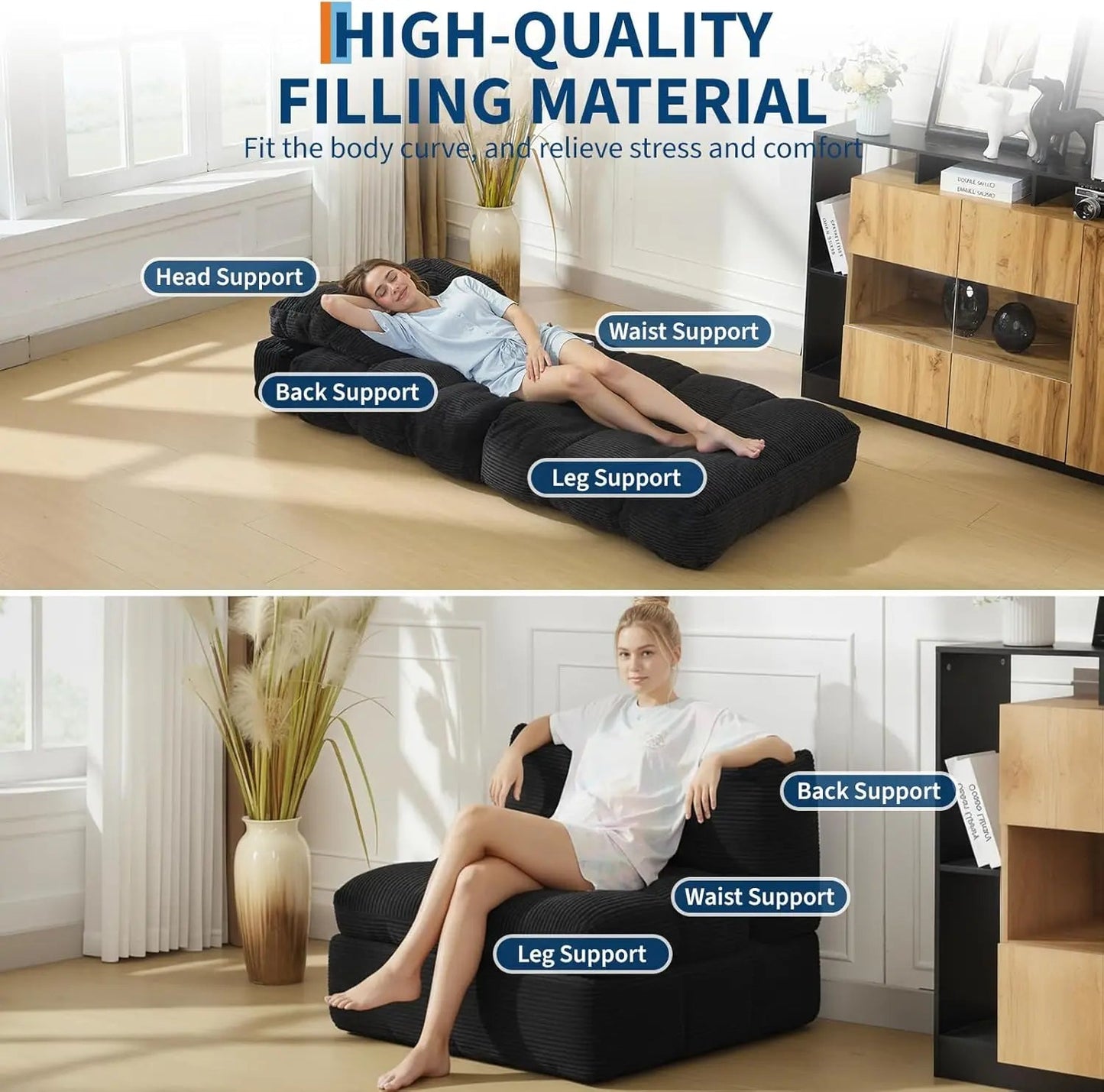 3-in-1 34" Folding Sofa Bed with Pillow Boneless Matress with Back Support Comfy Portable Convertible Sleeper Chair Floor Sofa - Smoothy Home