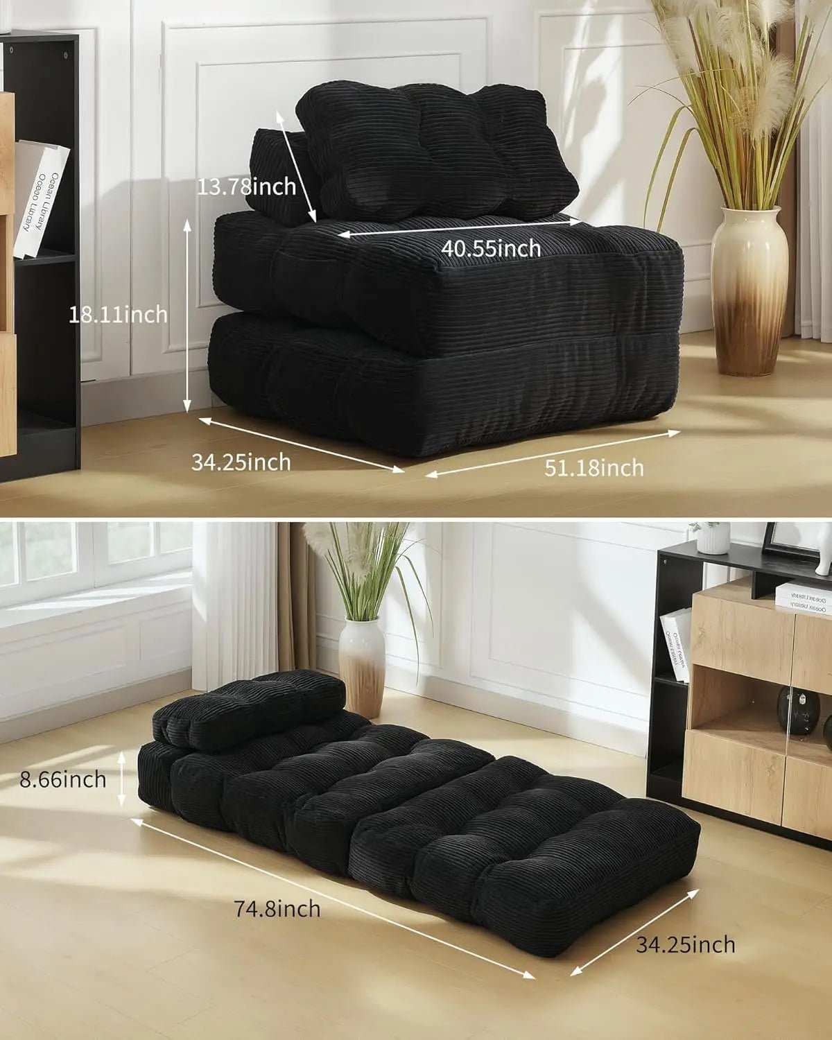 3-in-1 34" Folding Sofa Bed with Pillow Boneless Matress with Back Support Comfy Portable Convertible Sleeper Chair Floor Sofa - Smoothy Home