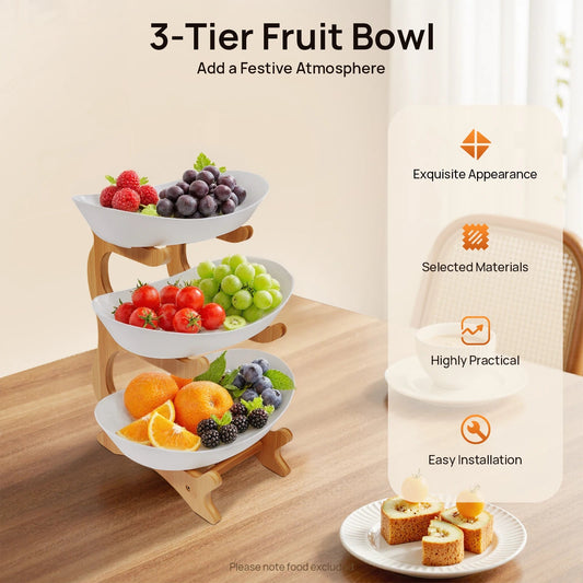 3-Tier Fruit Plate,Snack Dessert Cake Tray Plate Rack for Party Wedding,Fruit Bowl W/ Bamboo Wood Stand,Candy Dish Cake Stand - Smoothy Home