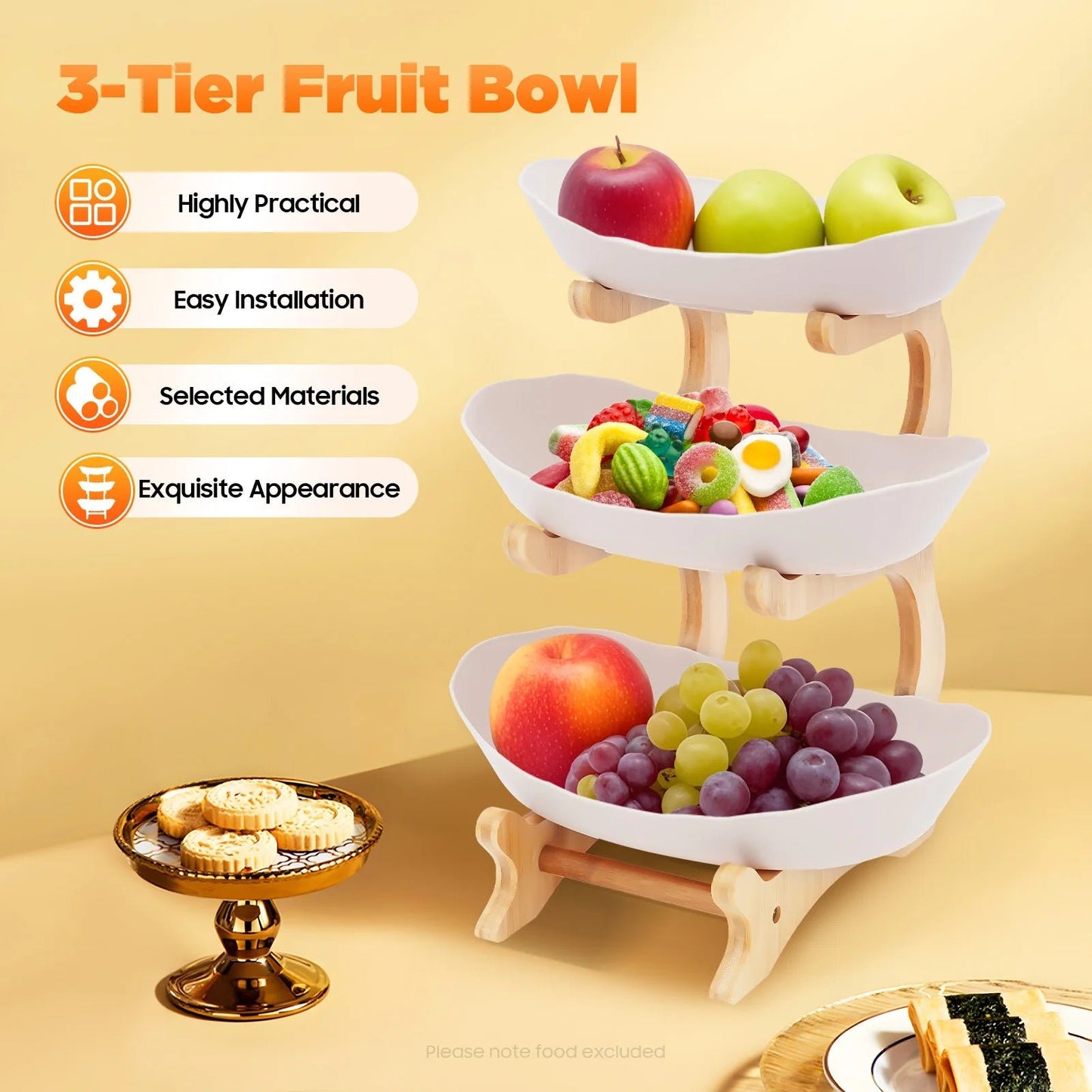 3-Tier Fruit Plate,Snack Dessert Cake Tray Plate Rack for Party Wedding,Fruit Bowl W/ Bamboo Wood Stand,Candy Dish Cake Stand - Smoothy Home