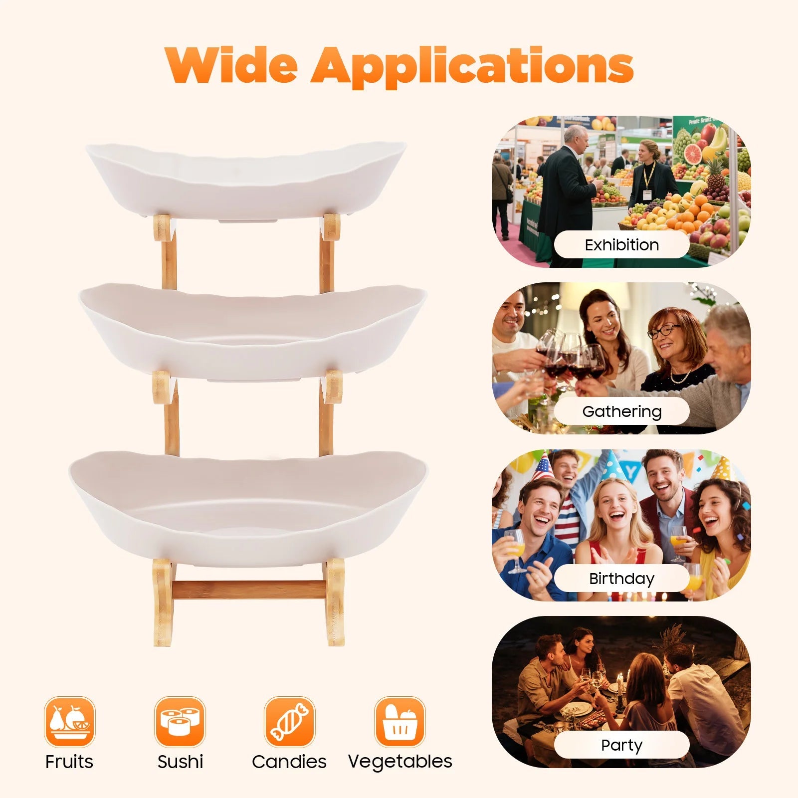 3-Tier Fruit Plate,Snack Dessert Cake Tray Plate Rack for Party Wedding,Fruit Bowl W/ Bamboo Wood Stand,Candy Dish Cake Stand - Smoothy Home