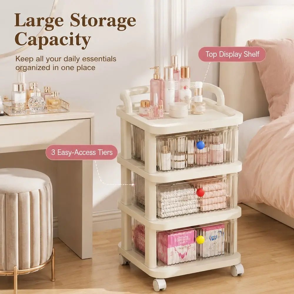 3-Tier Rolling Storage Cart With Clear Drawers, Cream Organizer Cabinet With Wheels, Large Capacity Mobile Storage Shelf - Smoothy Home