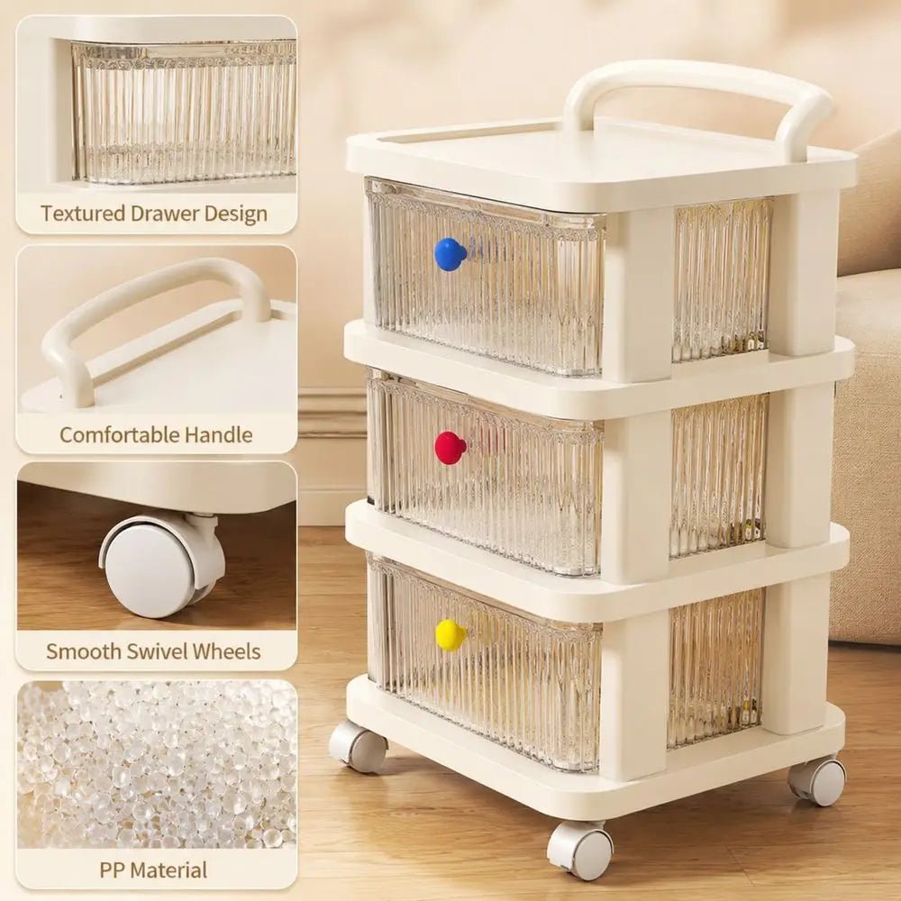 3-Tier Rolling Storage Cart With Clear Drawers, Cream Organizer Cabinet With Wheels, Large Capacity Mobile Storage Shelf - Smoothy Home
