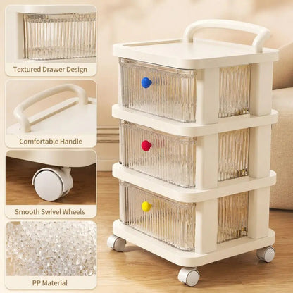 3-Tier Rolling Storage Cart With Clear Drawers, Cream Organizer Cabinet With Wheels, Large Capacity Mobile Storage Shelf - Smoothy Home