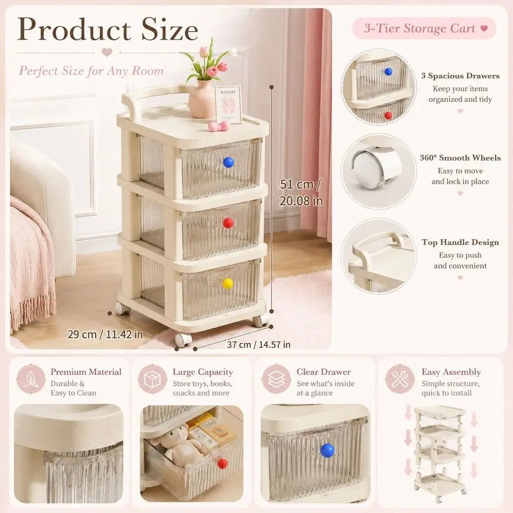 3-Tier Rolling Storage Cart With Clear Drawers, Cream Organizer Cabinet With Wheels, Large Capacity Mobile Storage Shelf - Smoothy Home