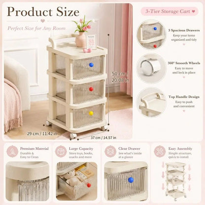 3-Tier Rolling Storage Cart With Clear Drawers, Cream Organizer Cabinet With Wheels, Large Capacity Mobile Storage Shelf - Smoothy Home