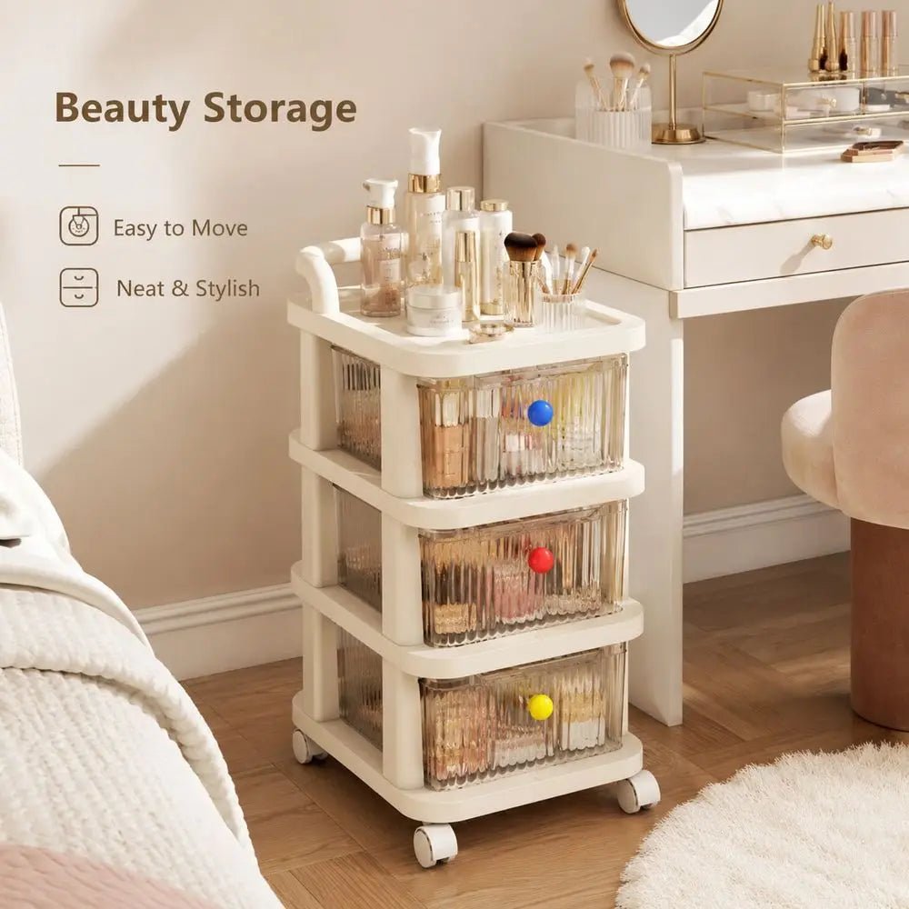 3-Tier Rolling Storage Cart With Clear Drawers, Cream Organizer Cabinet With Wheels, Large Capacity Mobile Storage Shelf - Smoothy Home
