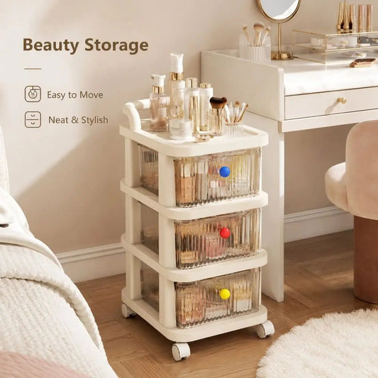 3-Tier Rolling Storage Cart With Clear Drawers, Cream Organizer Cabinet With Wheels, Large Capacity Mobile Storage Shelf - Smoothy Home