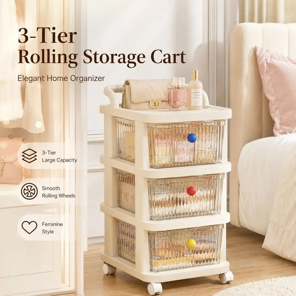 3-Tier Rolling Storage Cart With Clear Drawers, Cream Organizer Cabinet With Wheels, Large Capacity Mobile Storage Shelf - Smoothy Home