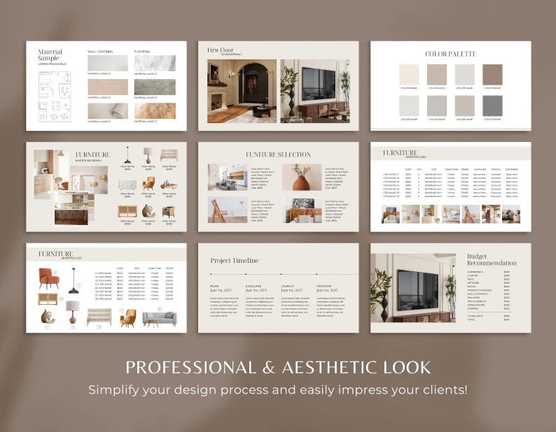 35 Page Interior Design Presentation Template | Canva Editable Project Proposal | Moodboard + Floor Plan + Furniture Layout - Smoothy Home