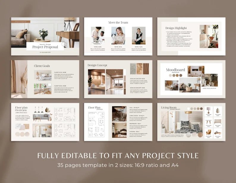 35 Page Interior Design Presentation Template | Canva Editable Project Proposal | Moodboard + Floor Plan + Furniture Layout - Smoothy Home