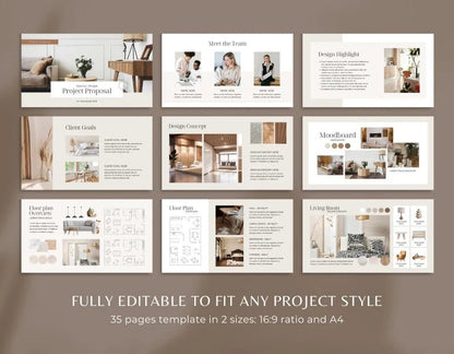 35 Page Interior Design Presentation Template | Canva Editable Project Proposal | Moodboard + Floor Plan + Furniture Layout - Smoothy Home