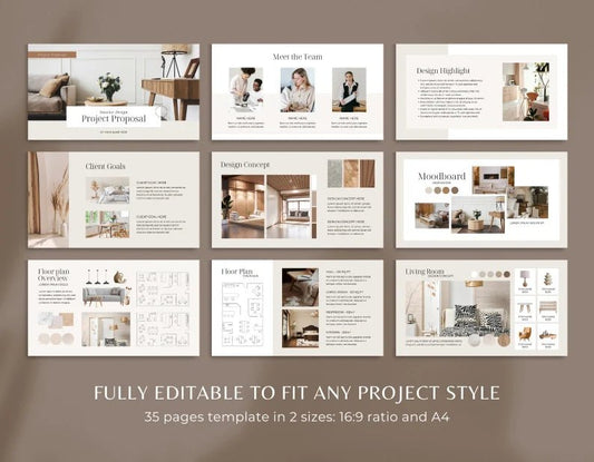 35 Page Interior Design Presentation Template | Canva Editable Project Proposal | Moodboard + Floor Plan + Furniture Layout - Smoothy Home