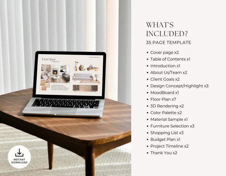 35 Page Interior Design Presentation Template | Canva Editable Project Proposal | Moodboard + Floor Plan + Furniture Layout - Smoothy Home