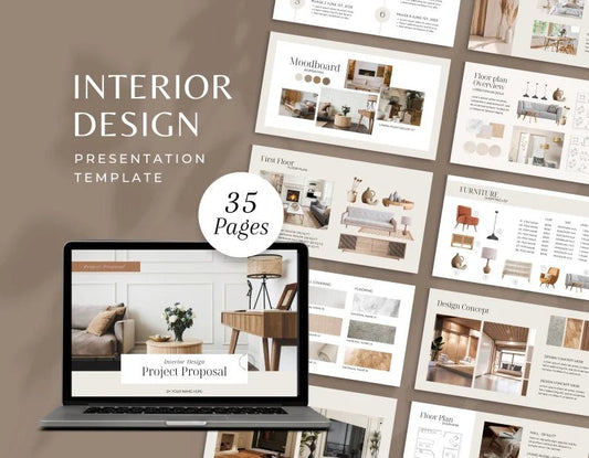 35 Page Interior Design Presentation Template | Canva Editable Project Proposal | Moodboard + Floor Plan + Furniture Layout - Smoothy Home