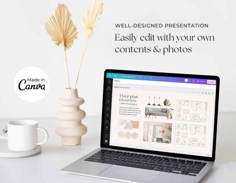 35 Page Interior Design Presentation Template | Canva Editable Project Proposal | Moodboard + Floor Plan + Furniture Layout - Smoothy Home