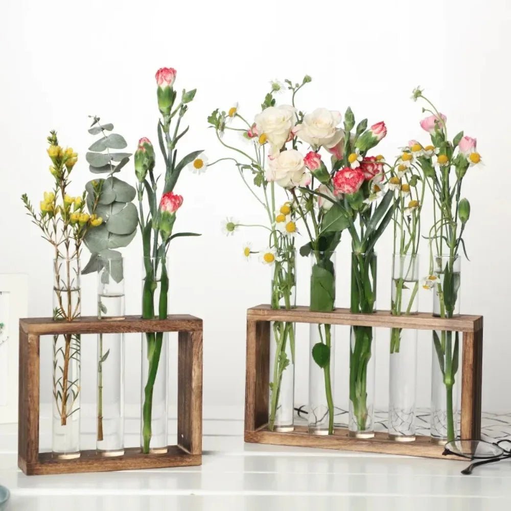 3/5 Tubes Wall Hanging Hydroponic Plant Propagation Glass Vase with Wooden Stand Desktop for Home Office Planter Garde Decor - Smoothy Home